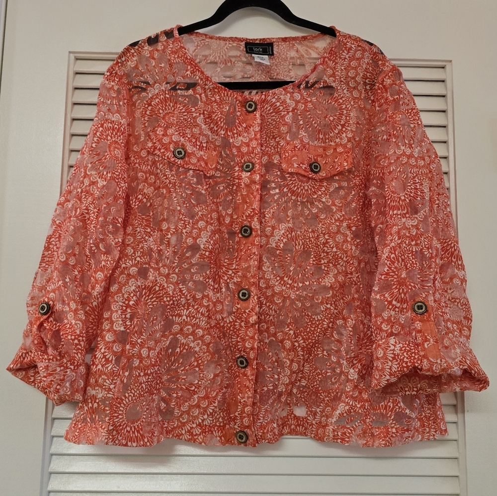 Lark Lane - (Plus-Size) Orange & White Sheer Lightweight Top With Pockets